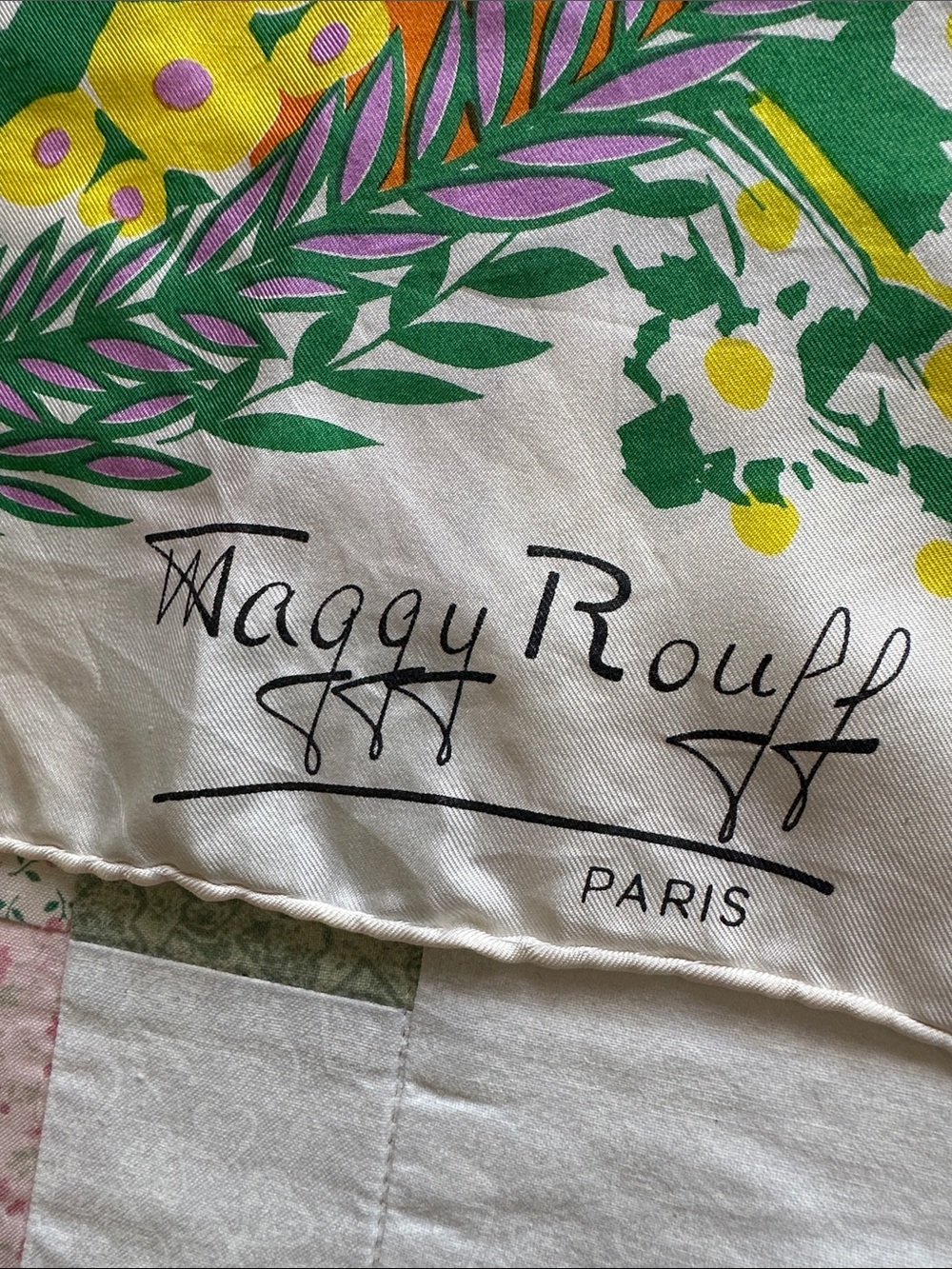 F—Floral silk scarf - White with Orange, Green & Purple - Picture 2 of 8